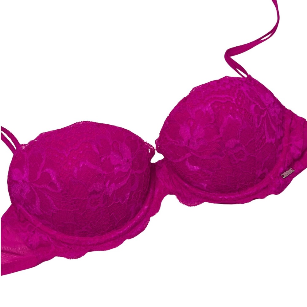 Victoria's Secret PINK Lace Push Up Bra Hot Pink Fuchsia Floral 34B Underwire
